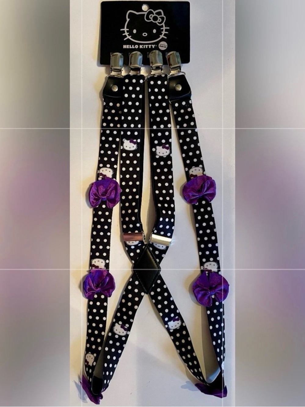 Hello Kitty Black Polka Dot Kids Suspenders with Purple Flower Accents